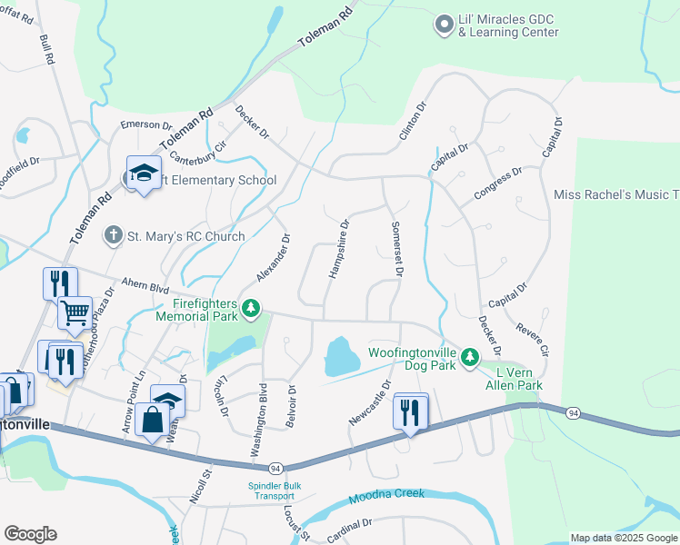 map of restaurants, bars, coffee shops, grocery stores, and more near 23 Hampshire Drive in Washingtonville