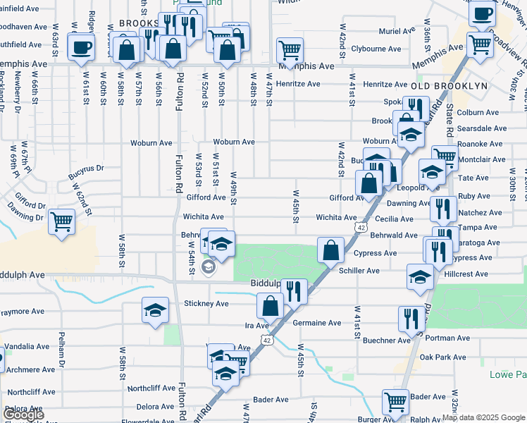 map of restaurants, bars, coffee shops, grocery stores, and more near 4709 Wichita Avenue in Cleveland