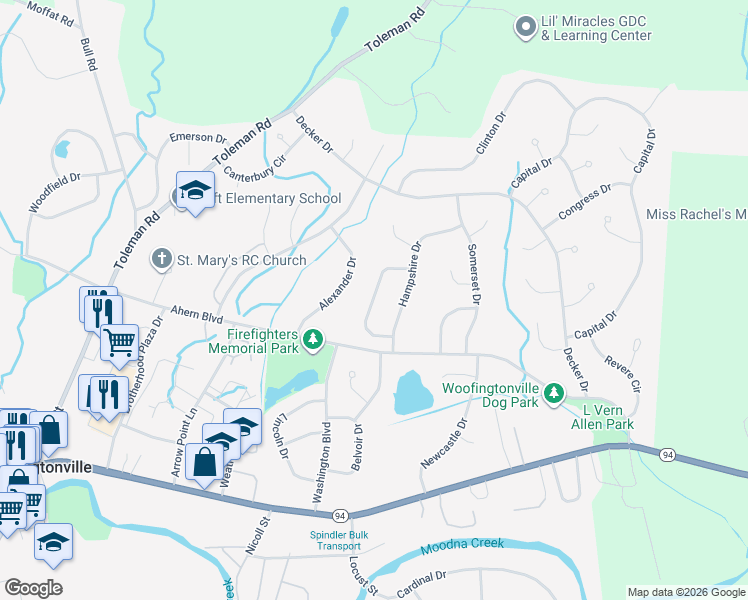 map of restaurants, bars, coffee shops, grocery stores, and more near 13 Carlisle Way in Washingtonville