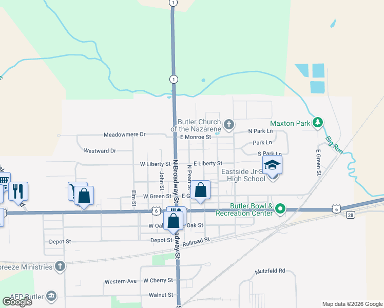 map of restaurants, bars, coffee shops, grocery stores, and more near 401-499 N Pearl St in Butler
