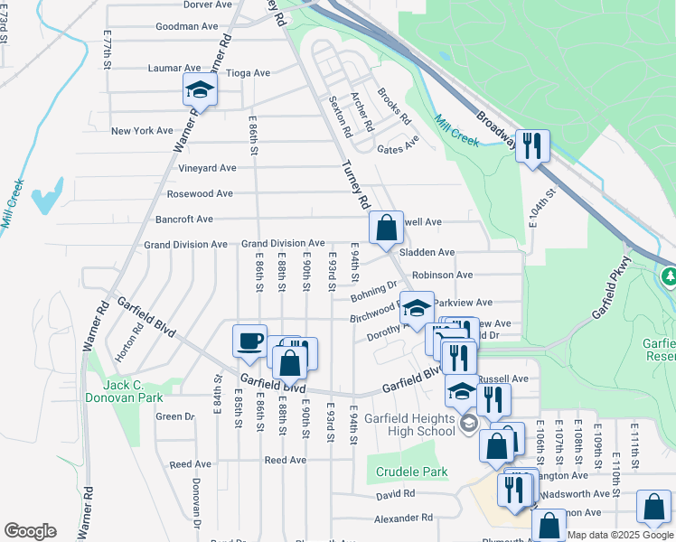 map of restaurants, bars, coffee shops, grocery stores, and more near 4639 East 93rd Street in Garfield Heights