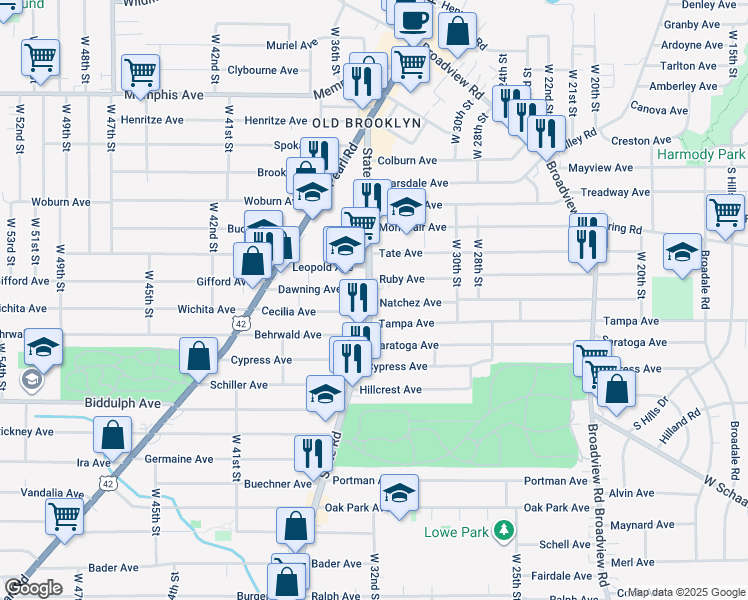 map of restaurants, bars, coffee shops, grocery stores, and more near 4445 State Road in Cleveland