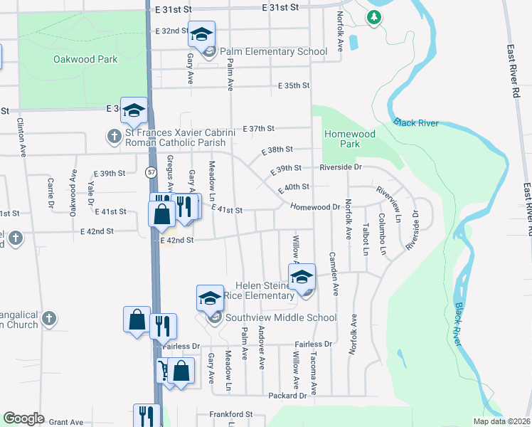 map of restaurants, bars, coffee shops, grocery stores, and more near 2482 East 41st Street in Lorain