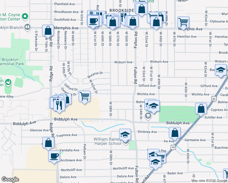 map of restaurants, bars, coffee shops, grocery stores, and more near 5701 Wichita Avenue in Cleveland