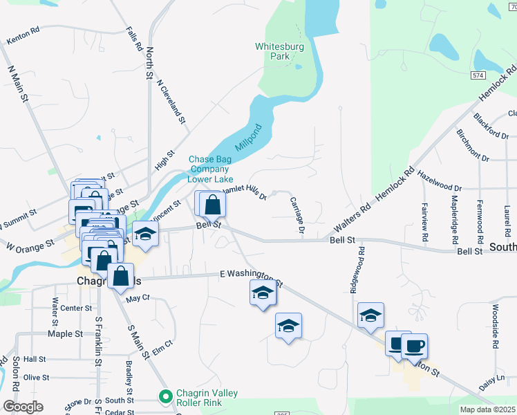 map of restaurants, bars, coffee shops, grocery stores, and more near 200 Hamlet Hills Drive in Chagrin Falls