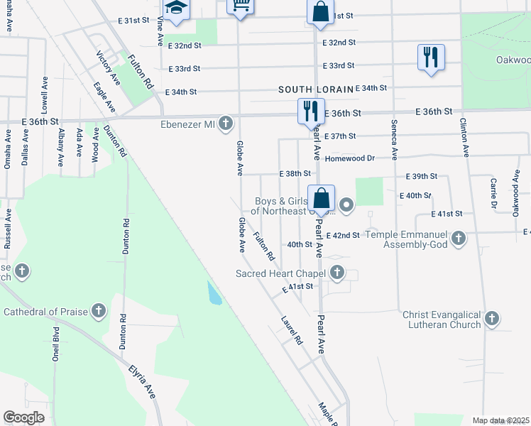map of restaurants, bars, coffee shops, grocery stores, and more near 3901 East 39th Street in Lorain