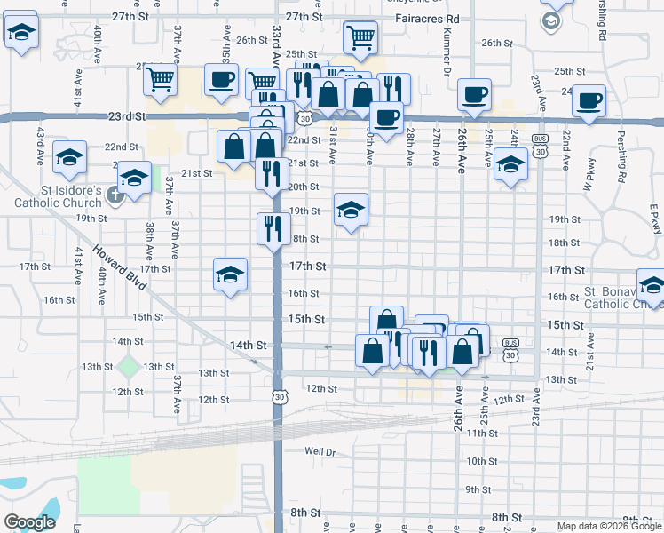 map of restaurants, bars, coffee shops, grocery stores, and more near 3099 17th Street in Columbus
