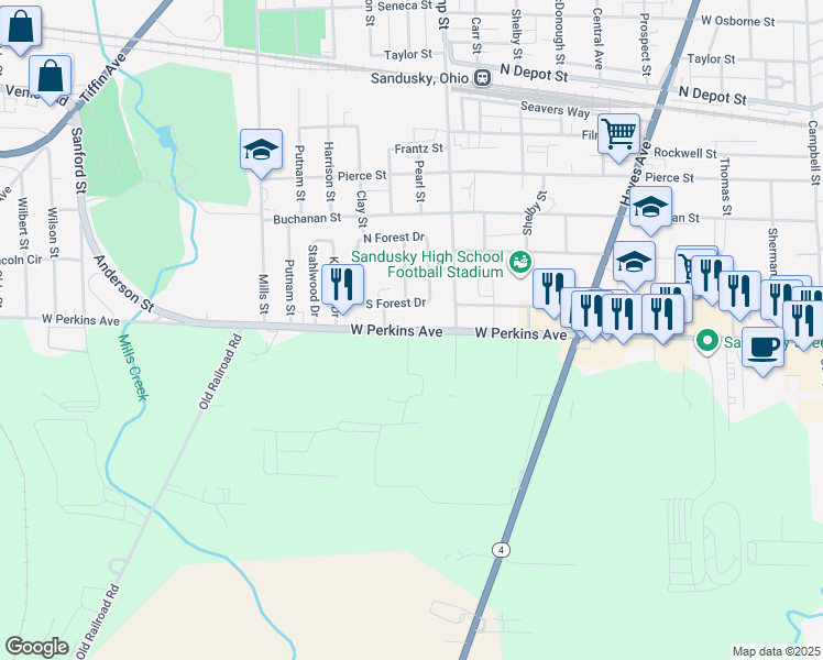 map of restaurants, bars, coffee shops, grocery stores, and more near 1517 West Perkins Avenue in Sandusky