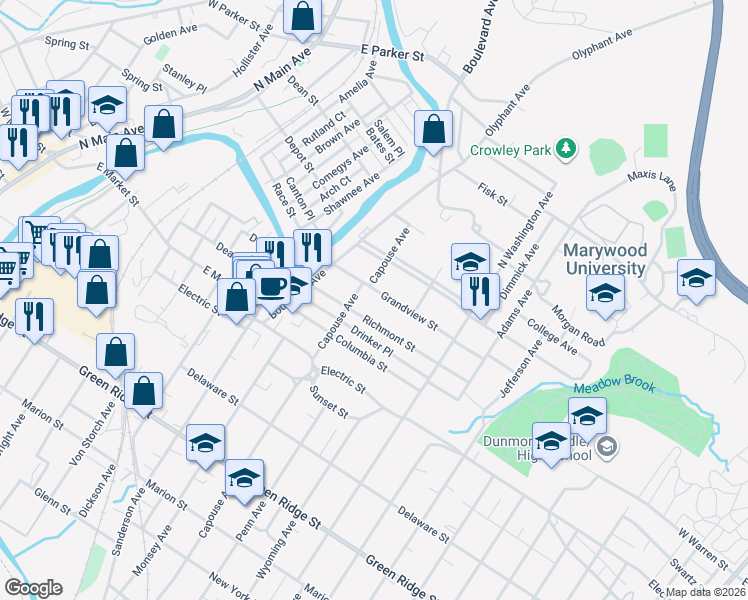 map of restaurants, bars, coffee shops, grocery stores, and more near in Scranton