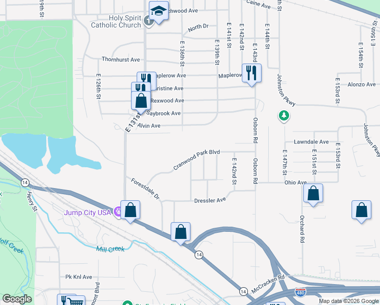 map of restaurants, bars, coffee shops, grocery stores, and more near 13531 Cranwood Park Boulevard in Garfield Heights