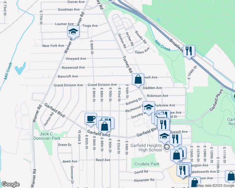 map of restaurants, bars, coffee shops, grocery stores, and more near 4649 East 93rd Street in Garfield Heights