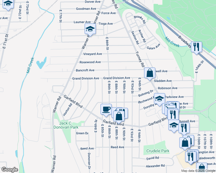 map of restaurants, bars, coffee shops, grocery stores, and more near 4649 East 85th Street in Garfield Heights