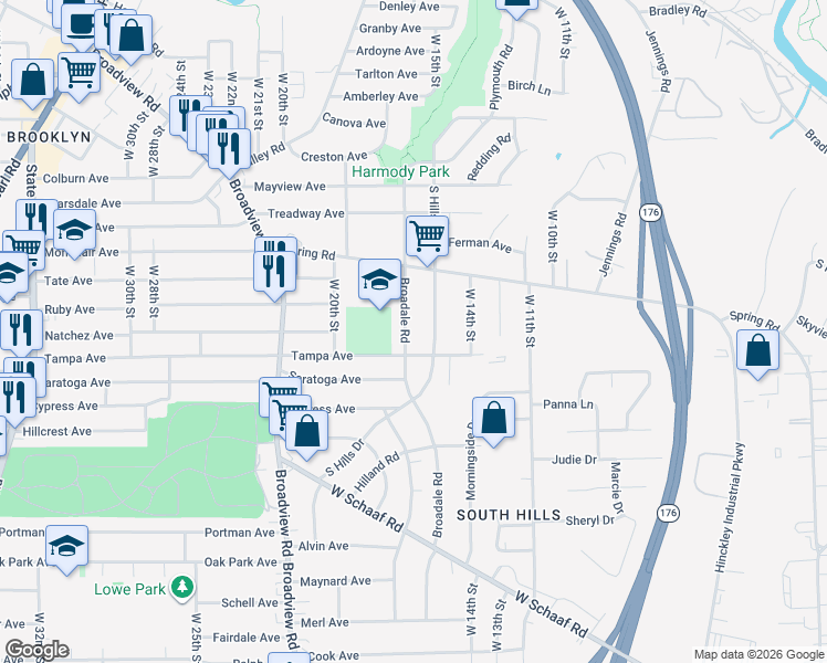 map of restaurants, bars, coffee shops, grocery stores, and more near 4514 South Hills Drive in Cleveland