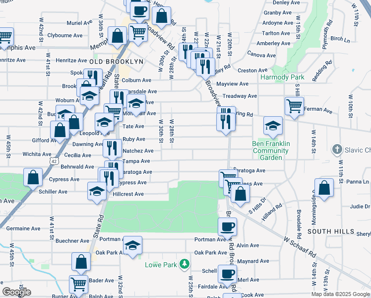 map of restaurants, bars, coffee shops, grocery stores, and more near 2511 Natchez Avenue in Cleveland