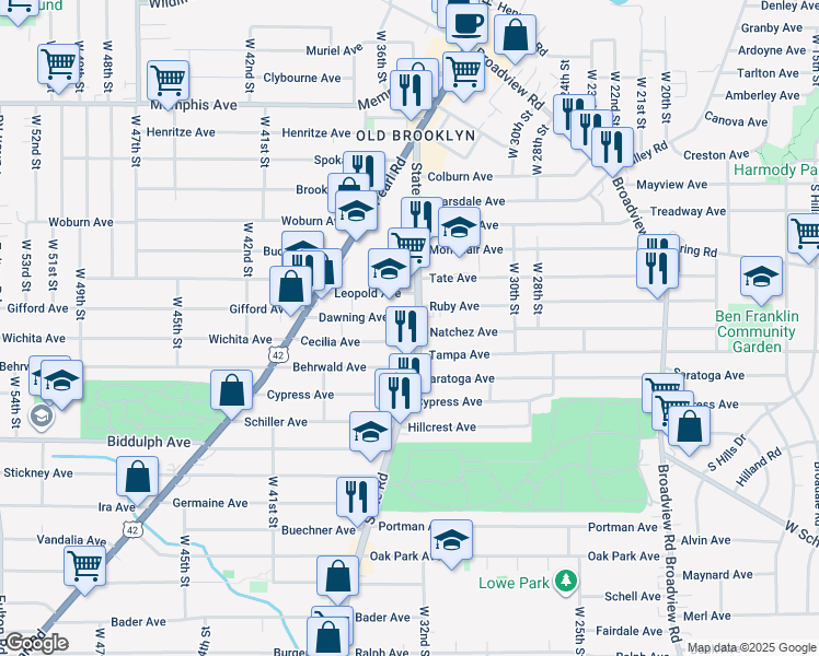 map of restaurants, bars, coffee shops, grocery stores, and more near 3405 Natchez Avenue in Cleveland