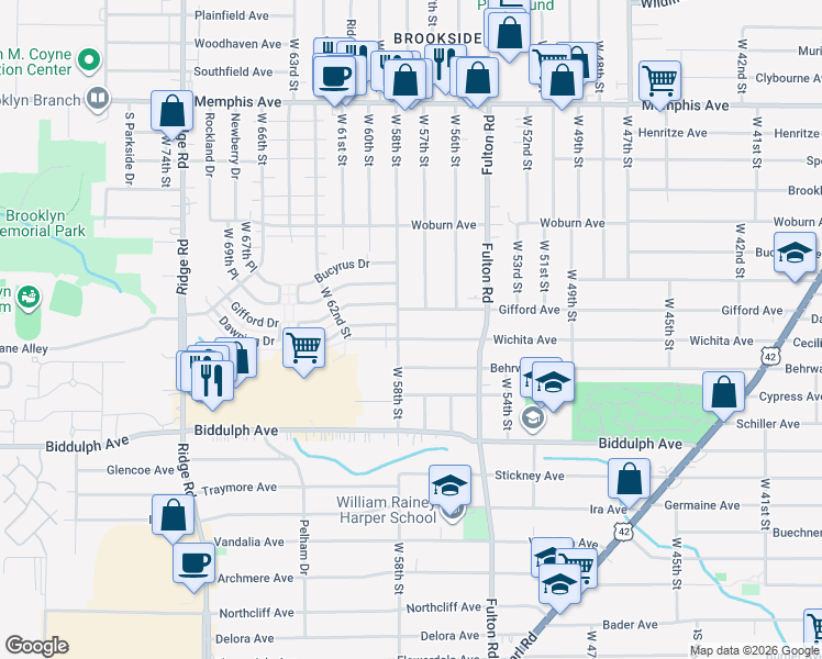 map of restaurants, bars, coffee shops, grocery stores, and more near 5701 Wichita Avenue in Cleveland