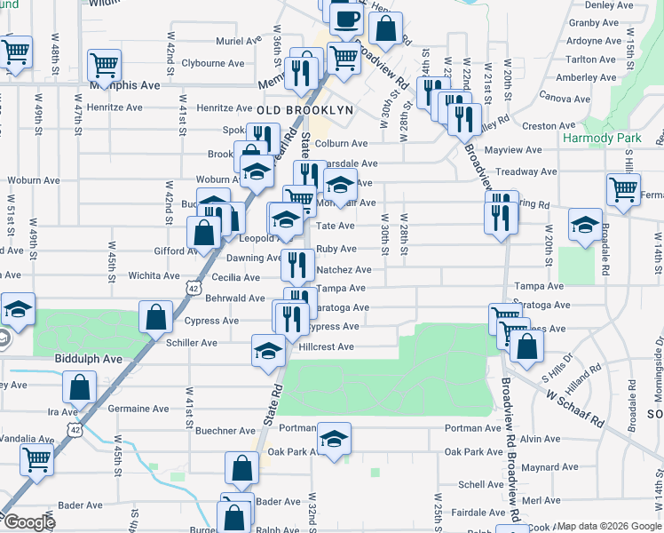 map of restaurants, bars, coffee shops, grocery stores, and more near 3312 Natchez Avenue in Cleveland