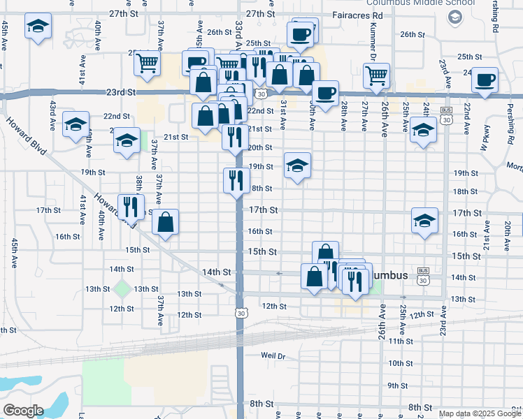 map of restaurants, bars, coffee shops, grocery stores, and more near 1699 32nd Ave in Columbus