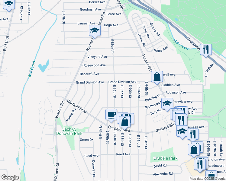 map of restaurants, bars, coffee shops, grocery stores, and more near 4649 East 85th Street in Garfield Heights