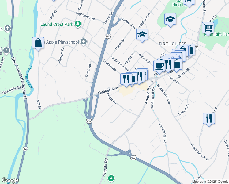 map of restaurants, bars, coffee shops, grocery stores, and more near 75-77 Quaker Avenue in Cornwall