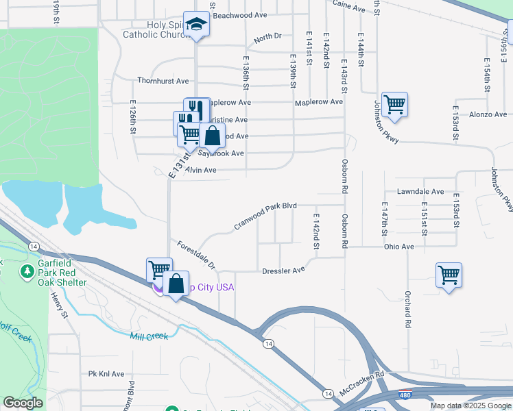map of restaurants, bars, coffee shops, grocery stores, and more near 13531 Cranwood Park Boulevard in Garfield Heights