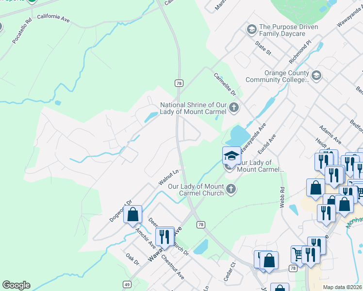 map of restaurants, bars, coffee shops, grocery stores, and more near 1 Canterbury Drive in Middletown