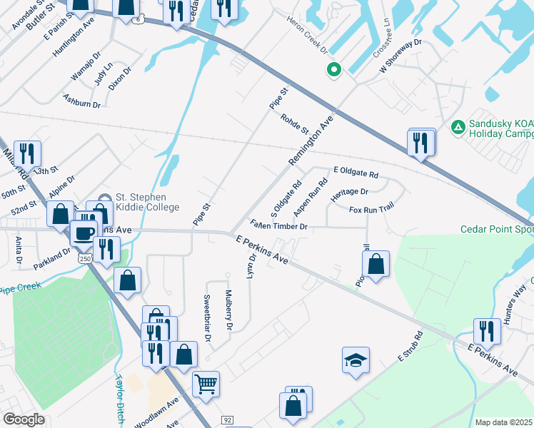 map of restaurants, bars, coffee shops, grocery stores, and more near 2234 South Oldgate Road in Sandusky