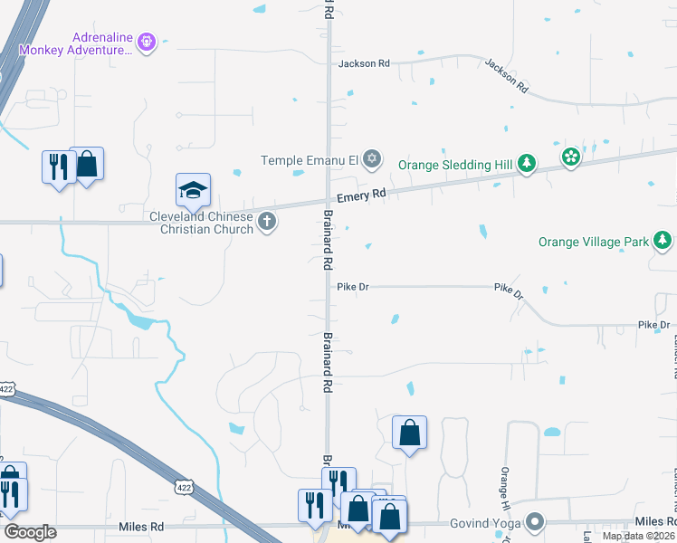 map of restaurants, bars, coffee shops, grocery stores, and more near 4639 Brainard Road in Chagrin Falls