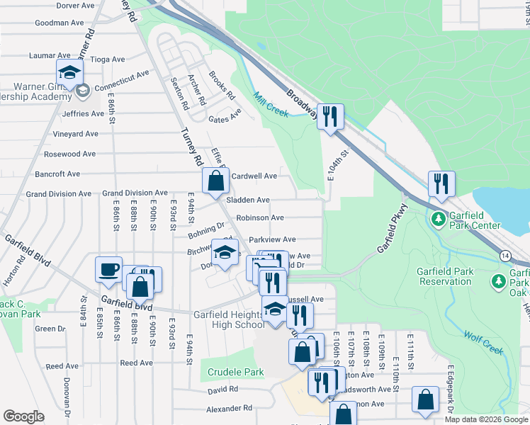 map of restaurants, bars, coffee shops, grocery stores, and more near 9722 Robinson Avenue in Garfield Heights