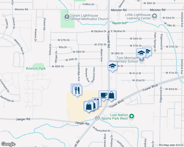 map of restaurants, bars, coffee shops, grocery stores, and more near 4123 Kenyon Avenue in Lorain