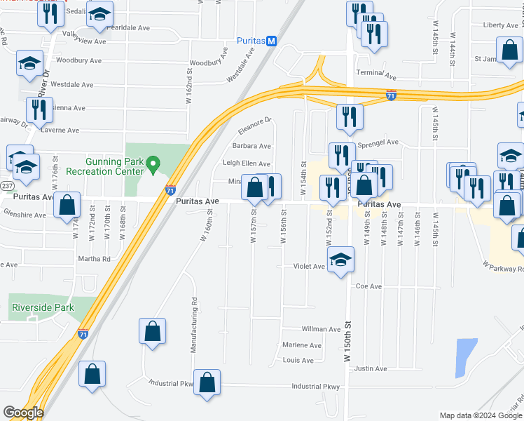 map of restaurants, bars, coffee shops, grocery stores, and more near 15631 Puritas Avenue in Cleveland
