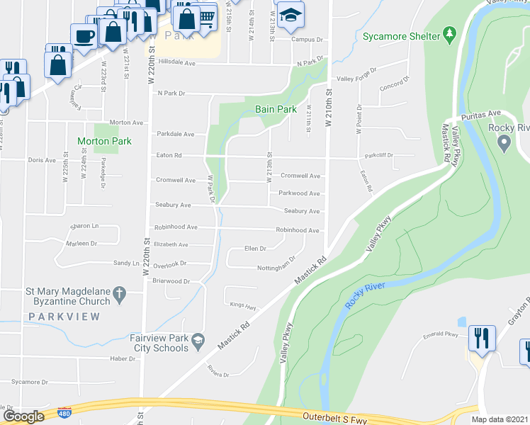 map of restaurants, bars, coffee shops, grocery stores, and more near 21341 Seabury Avenue in Fairview Park