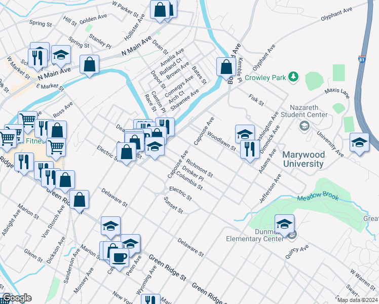 map of restaurants, bars, coffee shops, grocery stores, and more near in Scranton
