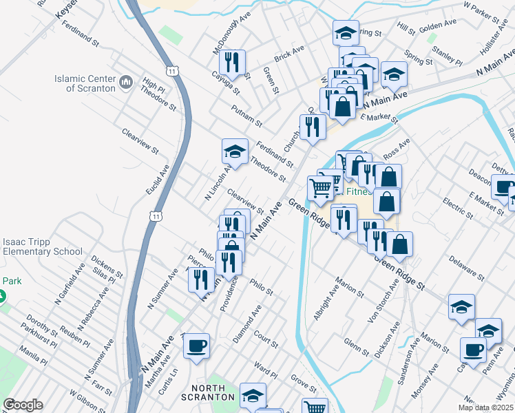 map of restaurants, bars, coffee shops, grocery stores, and more near 1503 North Main Avenue in Scranton