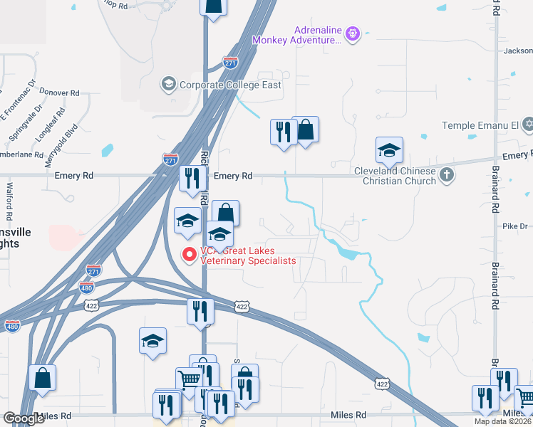 map of restaurants, bars, coffee shops, grocery stores, and more near 4662 Country Lane in Warrensville Heights