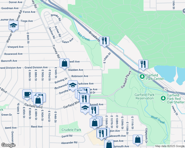 map of restaurants, bars, coffee shops, grocery stores, and more near 10200 Robinson Avenue in Garfield Heights