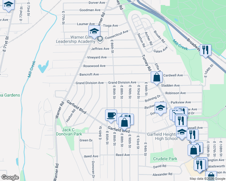 map of restaurants, bars, coffee shops, grocery stores, and more near 4649 East 85th Street in Garfield Heights