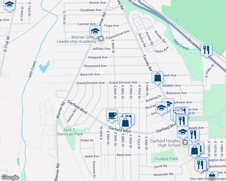map of restaurants, bars, coffee shops, grocery stores, and more near 4649 East 85th Street in Garfield Heights
