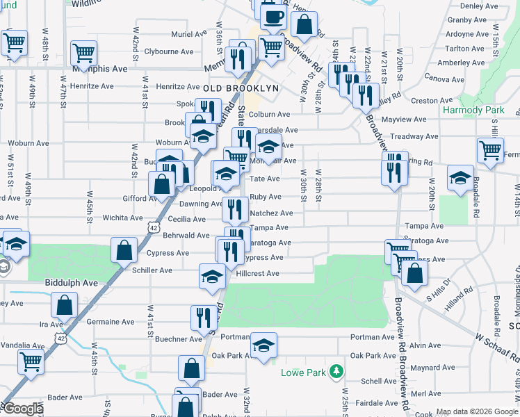 map of restaurants, bars, coffee shops, grocery stores, and more near 3405 Natchez Avenue in Cleveland