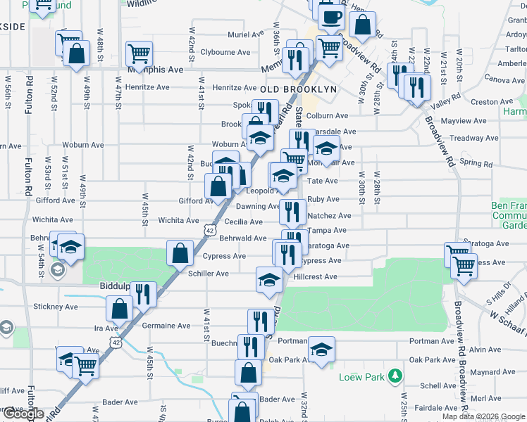 map of restaurants, bars, coffee shops, grocery stores, and more near 3718 Cecilia Avenue in Cleveland