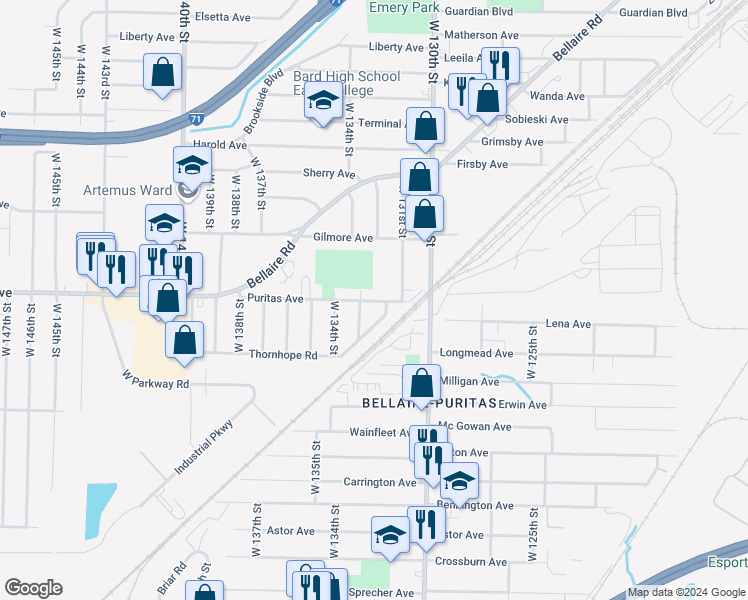 map of restaurants, bars, coffee shops, grocery stores, and more near 13239 Puritas Avenue in Cleveland