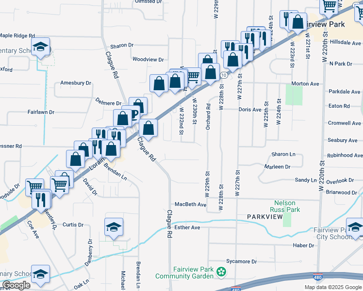 map of restaurants, bars, coffee shops, grocery stores, and more near 23040 Summerland Avenue in North Olmsted