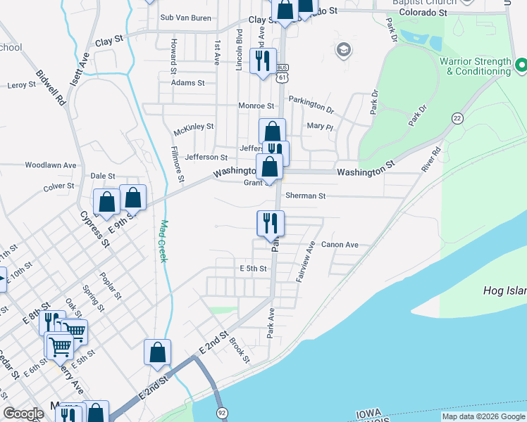 map of restaurants, bars, coffee shops, grocery stores, and more near 1535 Magnolia Street in Muscatine