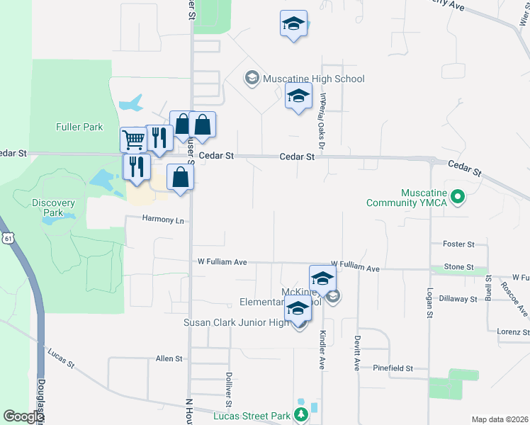 map of restaurants, bars, coffee shops, grocery stores, and more near 1910 Green Acres Drive in Muscatine