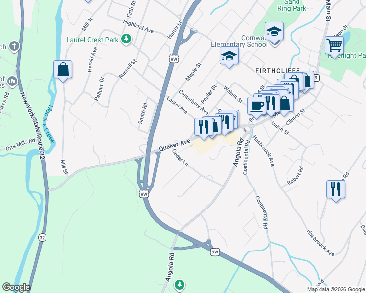 map of restaurants, bars, coffee shops, grocery stores, and more near 75-77 Quaker Avenue in Cornwall