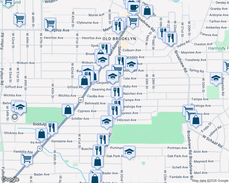 map of restaurants, bars, coffee shops, grocery stores, and more near 3602 Cecilia Avenue in Cleveland