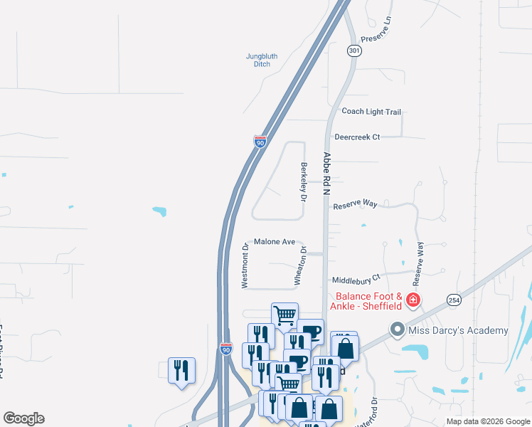 map of restaurants, bars, coffee shops, grocery stores, and more near 5220 Berkeley Drive in Sheffield