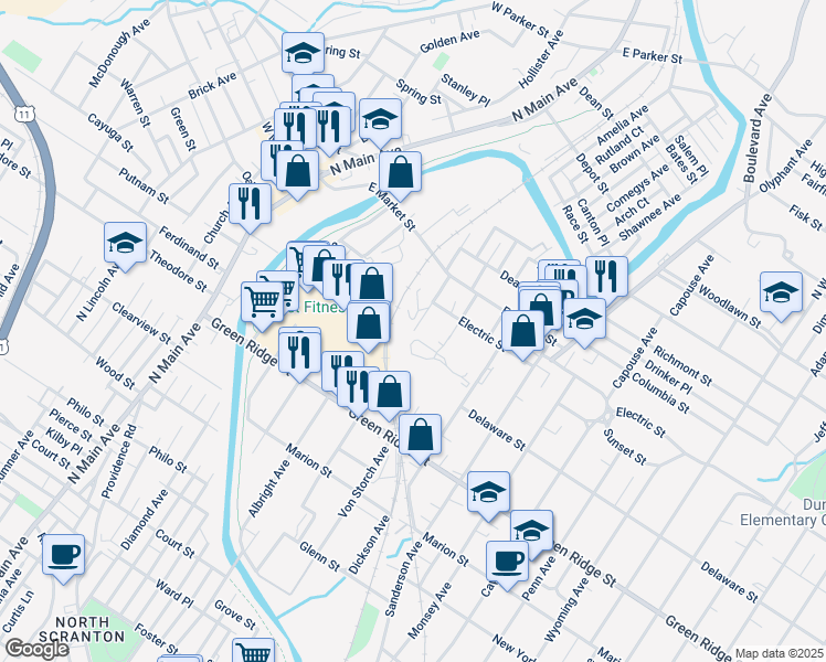 map of restaurants, bars, coffee shops, grocery stores, and more near 1701 Meylert Avenue in Scranton