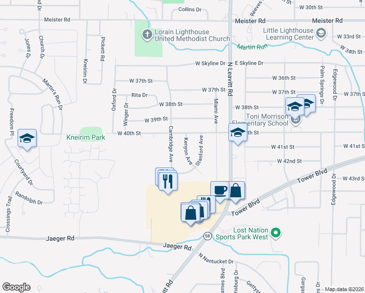 map of restaurants, bars, coffee shops, grocery stores, and more near 4123 Kenyon Avenue in Lorain