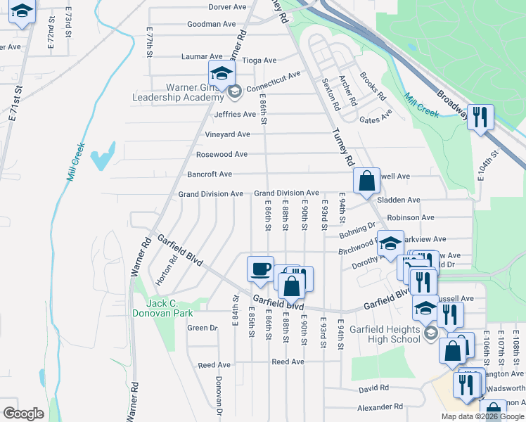 map of restaurants, bars, coffee shops, grocery stores, and more near 4649 East 85th Street in Garfield Heights
